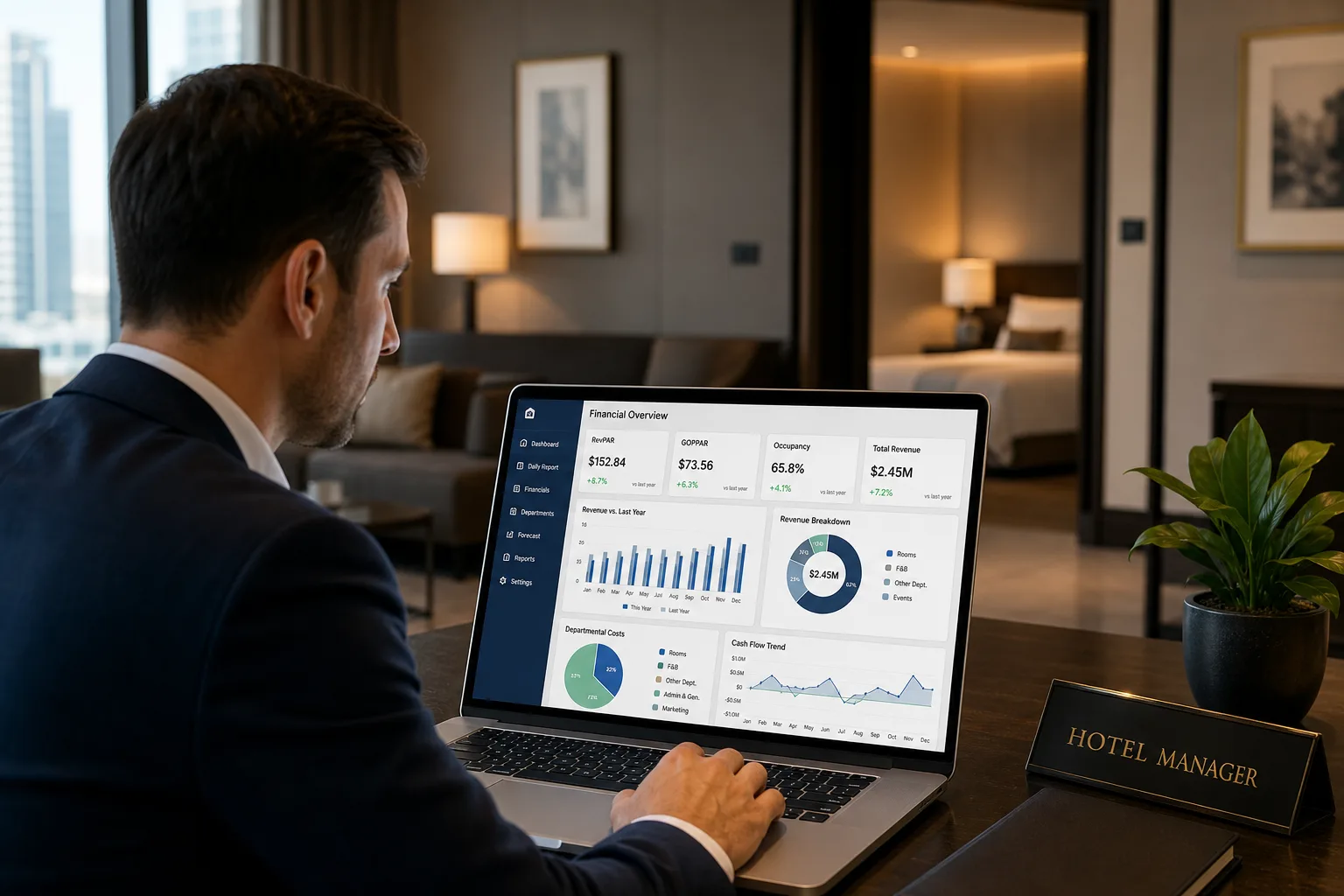 Hotel profitability reporting dashboard showing P&L, GOPPAR and cash flow metrics